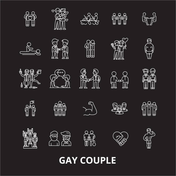 gay paar bearbeitbaren zeile symbole vektor auf schwarzem hintergrund. gay paar weiße kontur illustrationen, schilder, symbole - sex symbol couple kissing women stock-grafiken, -clipart, -cartoons und -symbole