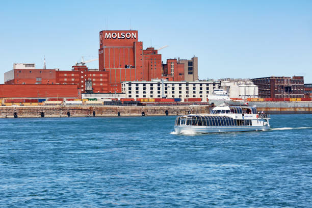 molson 양조장 건물, 몬트리올, 퀘벡, 캐나다에서 세인트 로렌스 강 투어 보트 - montreal harbor old commercial dock 뉴스 사진 이미지