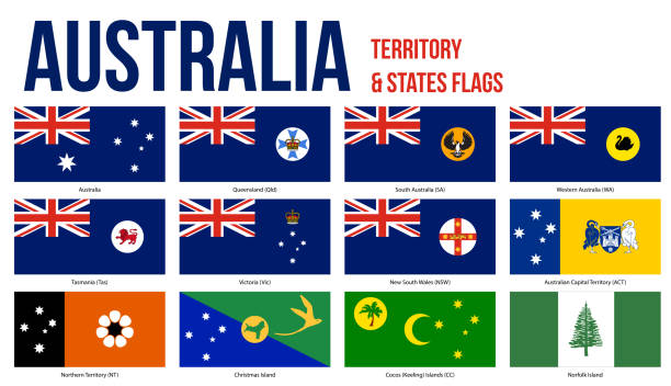 Australia All States And Territory Flags Vector Illustration on White Background Australia All States, Internal Territories And The External Territory Flags Vector Illustration on White Background. western australia flag stock illustrations
