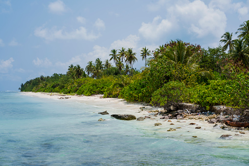 Coastline and beach for locals of Dhigurah island in Kaafu Atoll on Maldives. It is white sand, shallow turquoise water, and local local vegetation. Dhigurah is opened for foreign tourists and has a \