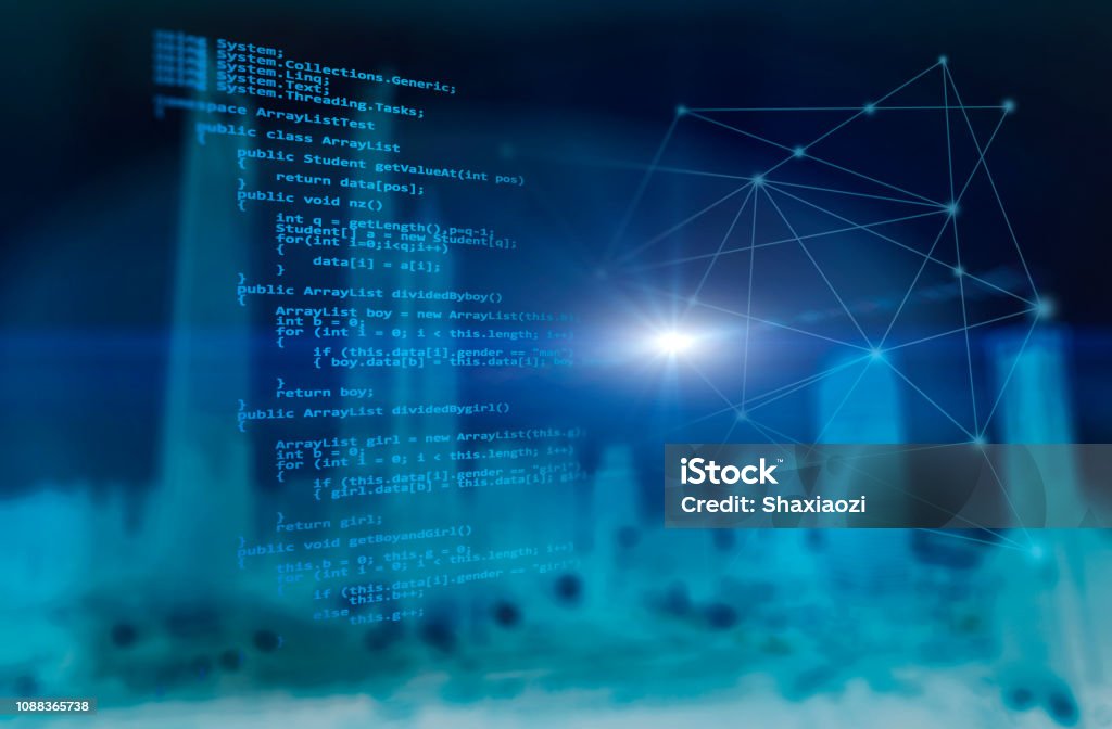 Programming Code And Wireless Technology Background Cityscape Stock ...