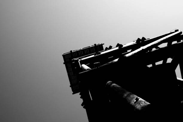 Close up view on observation tower construction elements, wooden tower in forest