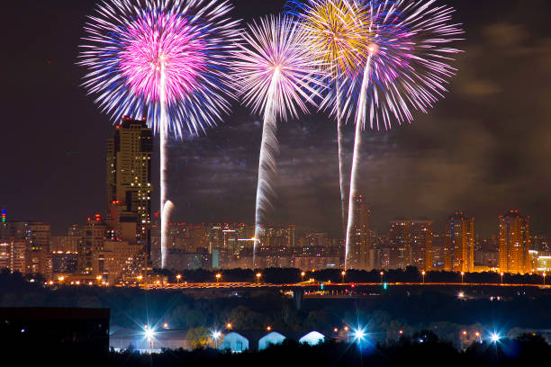istock Beautiful fireworks after sunset over Moscow 1088373202
