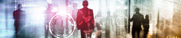 istock Business digital interface with graphs, charts, icons and timeline on blurred background. Website header banner. 1088376632