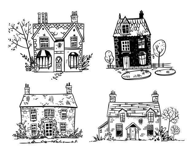 stockillustraties, clipart, cartoons en iconen met set mooie engelse cottages, vector tekening - huisje