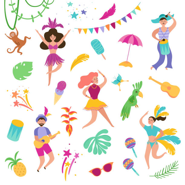 ilustrações, clipart, desenhos animados e ícones de brasil carnaval conjunto festivo com dança personagens mulher e homem em trajes tradicionais. brasileiro samba dançarinas cariocas. ilustração vetorial - vector costume party feather