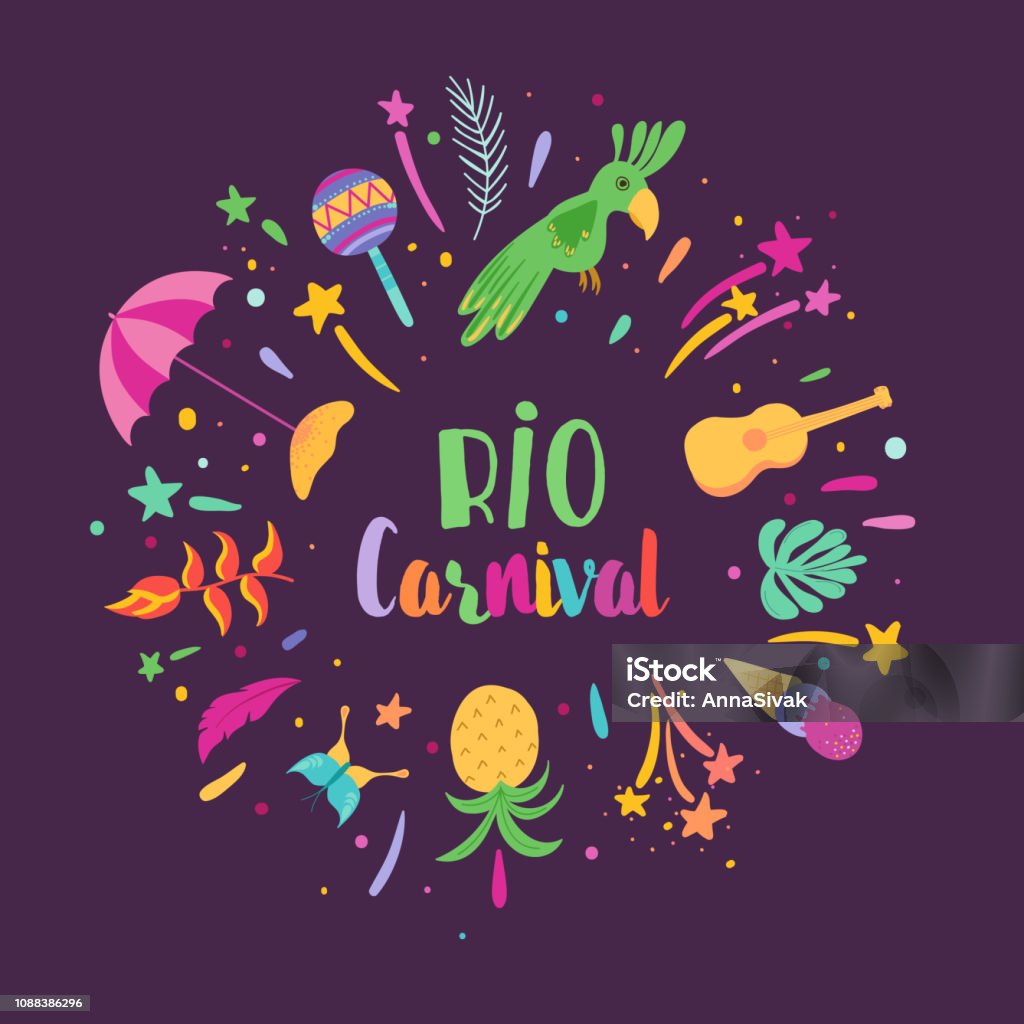 Brazilian Carnival illustration with Festive Elements, Maracas and Tropical Birds. Brazil Traditional Festival Design for Banner. Vector illustration Carnival - Celebration Event stock vector