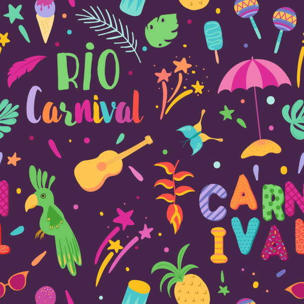 ブラジルのカーニバルのシームレスなパターン。ブラジル サンバ カーニバル背景オオハシと熱帯要素。リオ ・ デ ・ ジャネイロの祭り。ベクトル図 - samba dancing rio de janeiro carnival brazilian点のイラスト素材／クリップアート素材／マンガ素材／アイコン素材