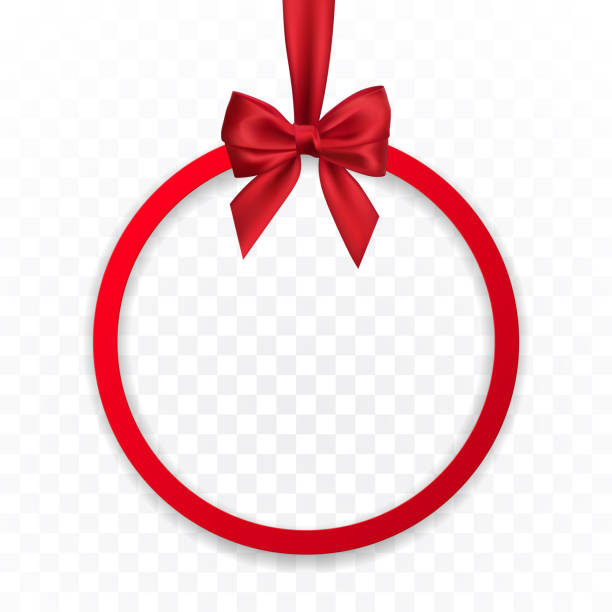 istock Bright holiday round frame banner hanging with red ribbon and silky bow  on transparent background. Vector illustration 1088392000