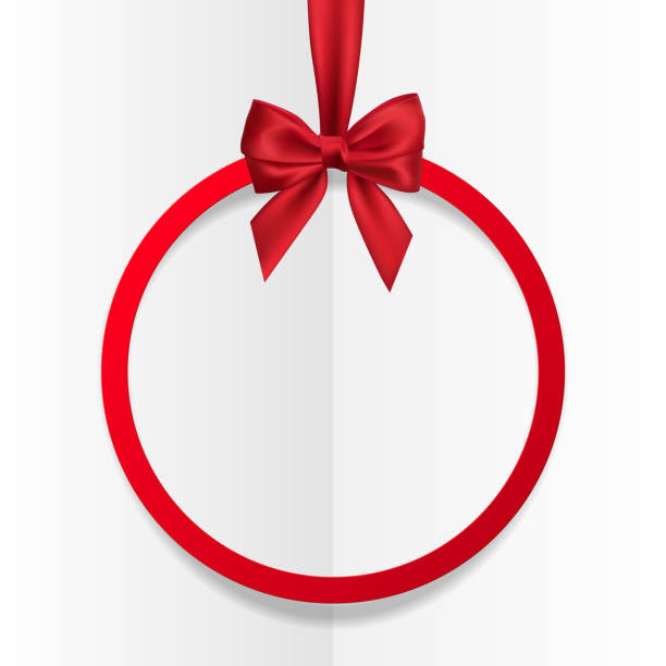 istock Bright holiday round frame banner hanging with red ribbon and silky bow  on white background. Vector illustration 1088392004