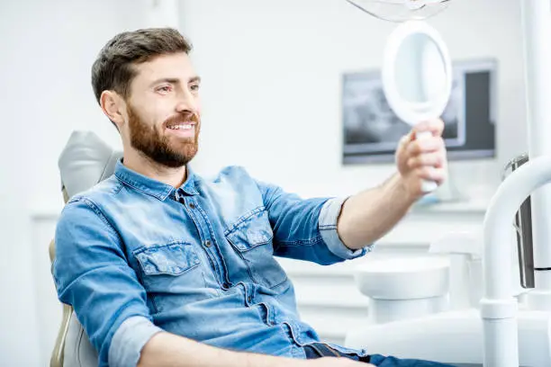 Portrait of a handsome bearded man with healthy smile in the dental office