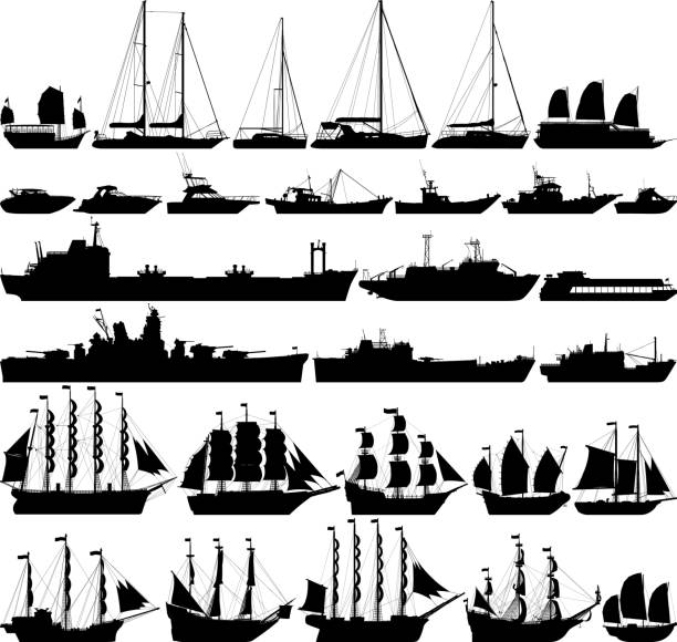 bardzo szczegółowe statki i łodzie - sailing ship nautical vessel military ship brigantine stock illustrations