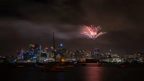 Auckland city skyline with fireworks display from the Sky Tower