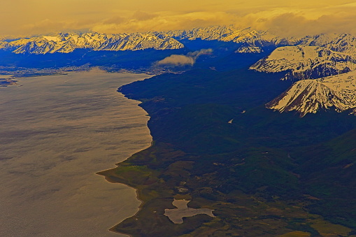 Above Beagle channel and Andes snowcapped mountains landscape, Ushuaia aerial view - Tierra Del fuego, Argentina – South America