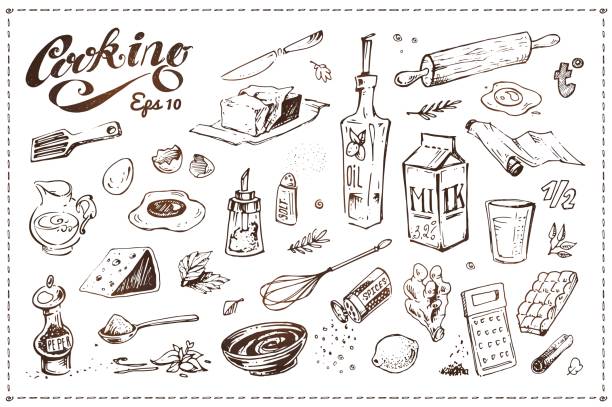 Cooking food illustrations set. Hand drawn vector sketches of kitchenware, tools and ingredients for baking isolated on white background. Vintage kitchen utensil doodles collection Cooking food illustrations set. Hand drawn sketches egg beater stock illustrations