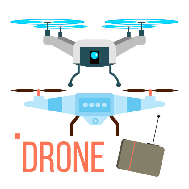 drohne-vektor. entfernten antenne quadcopter. foto, video, lieferung. flache cartoon illustration isoliert - filming point of view illustrations stock-grafiken, -clipart, -cartoons und -symbole