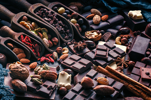 Assorted chocolate, nuts and dried fruit in old fashioned style