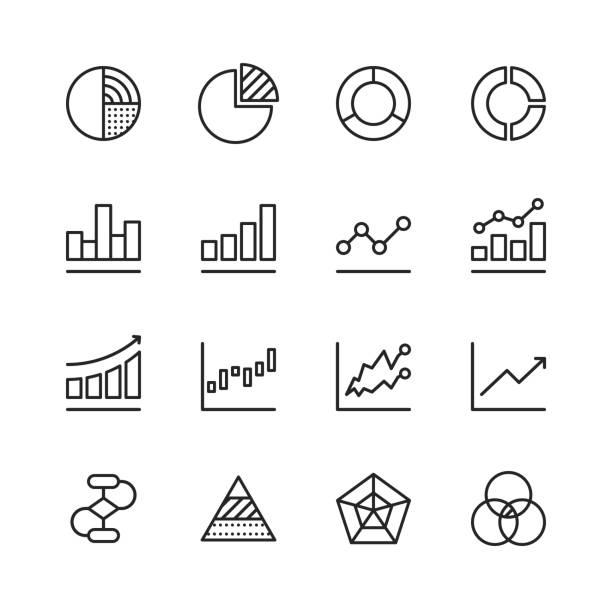 ilustrações de stock, clip art, desenhos animados e ícones de chart and diagram line icons. editable stroke. pixel perfect. for mobile and web. contains such icons as pie chart, stock market data, organisation chart, progress report, bar graph. - data graph chart finance