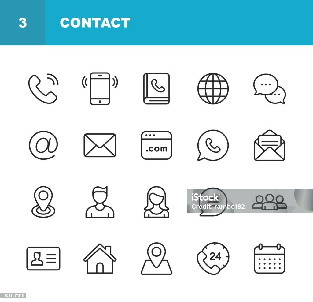 Contact Line Icons. Editable Stroke. Pixel Perfect. For Mobile and Web. Contains such icons as Smartphone, Messaging, Email, Calendar, Location. 48x48 Icon stock vector