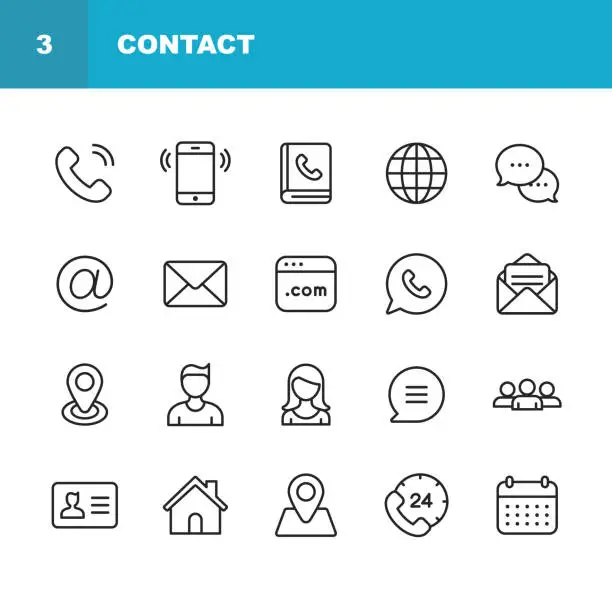 Vector illustration of Contact Line Icons. Editable Stroke. Pixel Perfect. For Mobile and Web. Contains such icons as Smartphone, Messaging, Email, Calendar, Location.