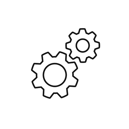 Black isolated outline icon of two cogwheels on white background. Line icon of gear wheel. Settings