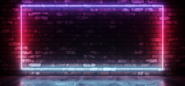 istock Club Neon Sci Fi Retro Futuristic Glowing Rectangle Frame Shaped Gradient Glowing Pink Purple Blue Light On Grunge Brick Wall Concrete Reflective Floor Dark Room 3D Rendering 1088427570