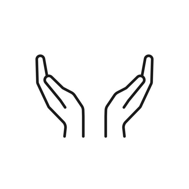 czarna izolowana ikona konturu dwóch rąk na białym tle. ikona linii dwóch rąk. - dłoń stock illustrations