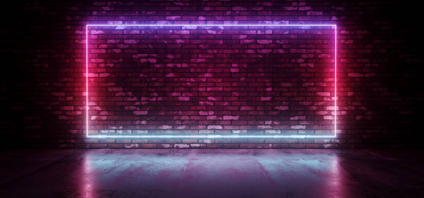 istock Club Neon Sci Fi Retro Futuristic Glowing Rectangle Frame Shaped Gradient Glowing Pink Purple Blue Light On Grunge Brick Wall Concrete Reflective Floor Dark Room 3D Rendering 1088427662
