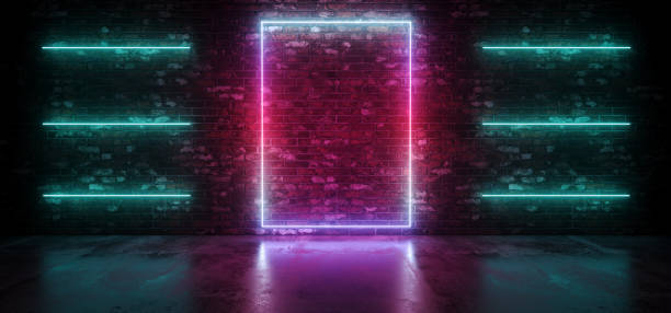 istock Club Neon Sci Fi Retro Futuristic Glowing Rectangle Frame Lines Shaped Gradient Glowing Pink Purple Blue Light On Grunge Brick Wall Concrete Reflective Floor Dark Room 3D Rendering 1088427696