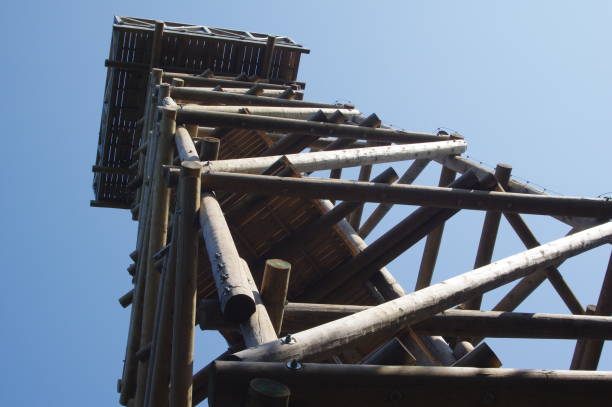 istock Close up view on observation tower construction elements, wooden tower in forest 1088429054