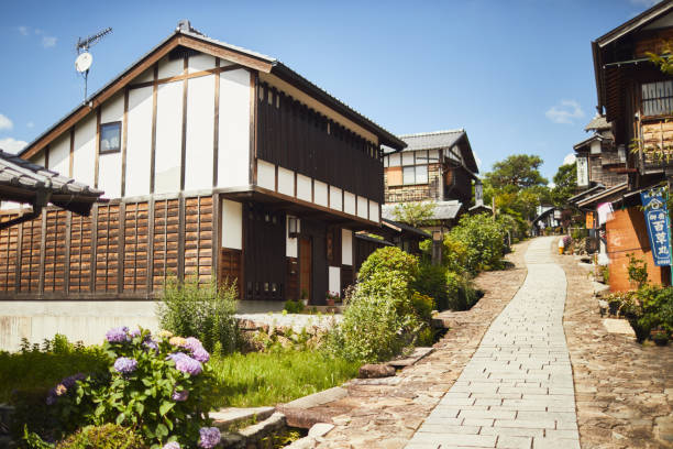 Houses and street view in Tsumago. Tsumago juku, Japan 2018: Houses and street view. mt ontake stock pictures, royalty-free photos & images