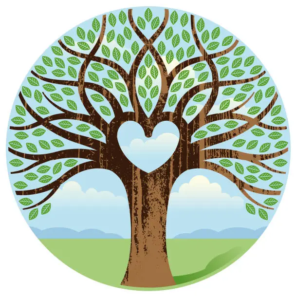 Vector illustration of Woodgrain round heart tree illustration