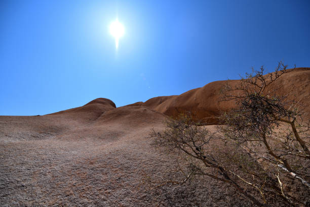 The sun is on the left, in a blue sky. The is a slight flare from the sun. Part of a rock face at Spitzkoppe is on the right and in the foreground. A bush is seen in the right foreground. The photo almost two toned.Spitzkoppe is a granite intrusion in the Namib Desert, Namibia. The photo was taken in March 2018.