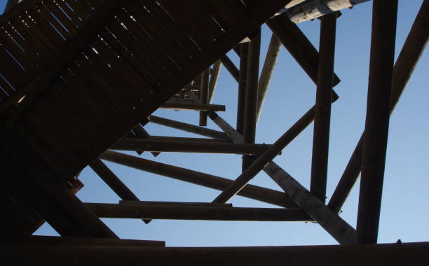 istock Close up view on observation tower construction elements, wooden tower in forest 1088445682
