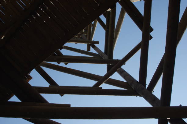 istock Close up view on observation tower construction elements, wooden tower in forest 1088447536