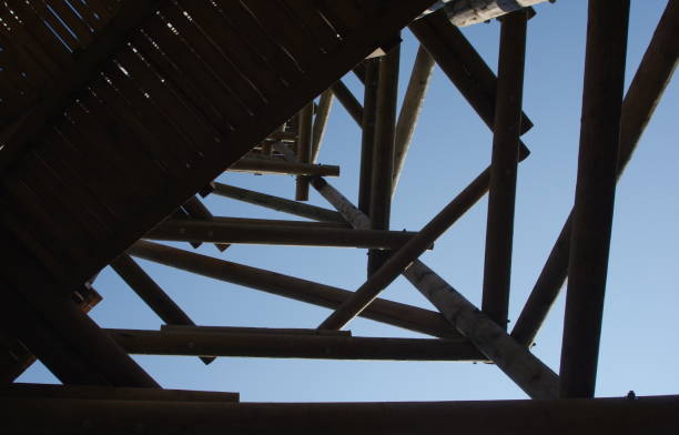 istock Close up view on observation tower construction elements, wooden tower in forest 1088447568