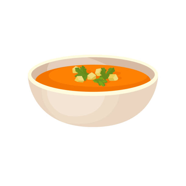 kürbis cremesuppe mit sahne in eine schüssel geben, traditionellen thanksgiving essen vektor-illustration auf weißem hintergrund - soup stock-grafiken, -clipart, -cartoons und -symbole