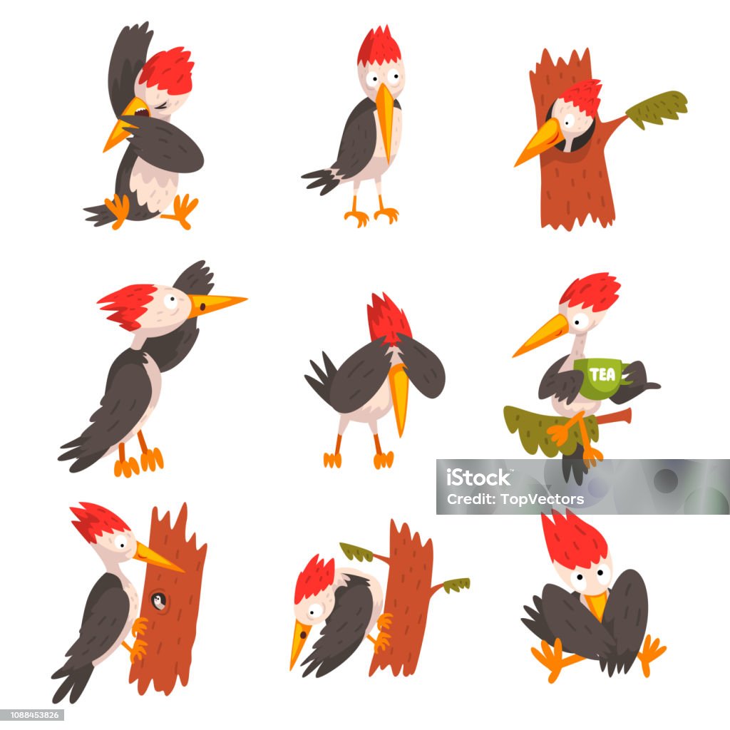 Cute Woodpecker Set Funny Bird Cartoon Character In Different Situations  Vector Illustration On A White Background Stock Illustration - Download  Image Now - iStock