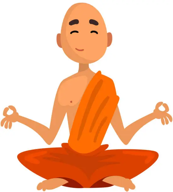 Vector illustration of Buddhist monk cartoon character sitting in meditation in orange robe vector Illustration on a white background