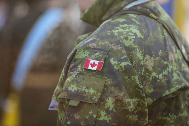 details mit der uniform und die flagge der kanadischen soldaten - canadian soldier stock-fotos und bilder