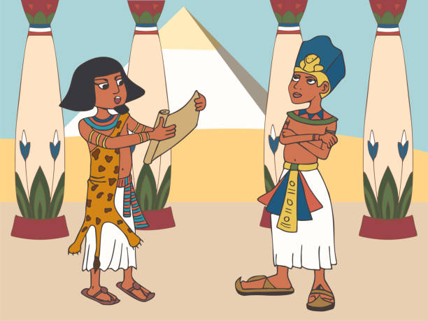 pharaoh and priest at  palace with egyptian pyramids on background pharaoh and priest at  palace, funny cartoon historical scene of state ruler and his minister egyptian palace stock illustrations
