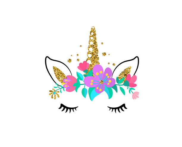 Unicorn cute vector illustration isolated on white background. Fashion girl patch with horse head, golden horn, ears, eyes and flowers Unicorn cute vector illustration isolated on white background. Fashion girl patch with horse head, golden horn, ears, eyes and flowers. unicorn face stock illustrations