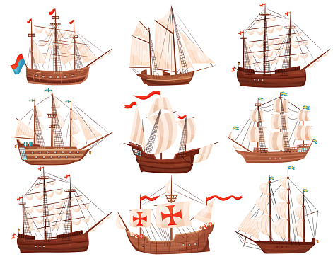 Set Vektor Datar Dari Kapal Kayu Tua Kapal Laut Besar Dengan Layar Dan