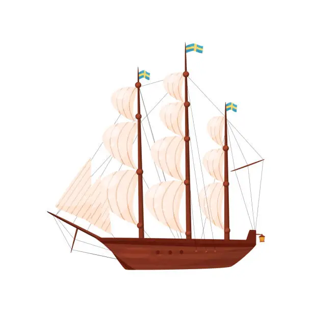 Vector illustration of Old wooden ship. Sailing vessel. Marine transport. Sea and ocean theme. Flat vector element for historical book or postcard