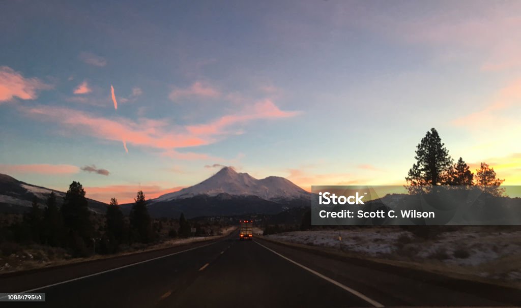 Mt. Shasta panorama Mt. Shasta at sunset Highway Stock Photo