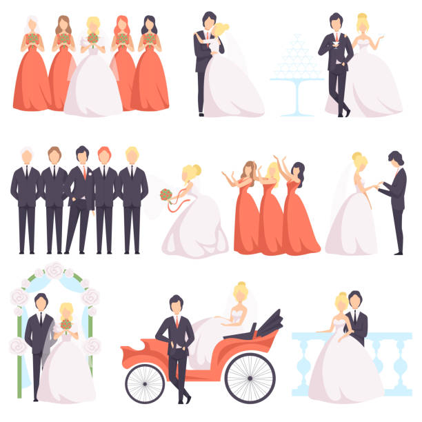 brautpaar mit ihren freunden feiern eingestellt, braut und bräutigam, brautjungfern, trauzeugen bei einer hochzeit zeremonie vector illustration auf weißem hintergrund - bride women wedding flower stock-grafiken, -clipart, -cartoons und -symbole