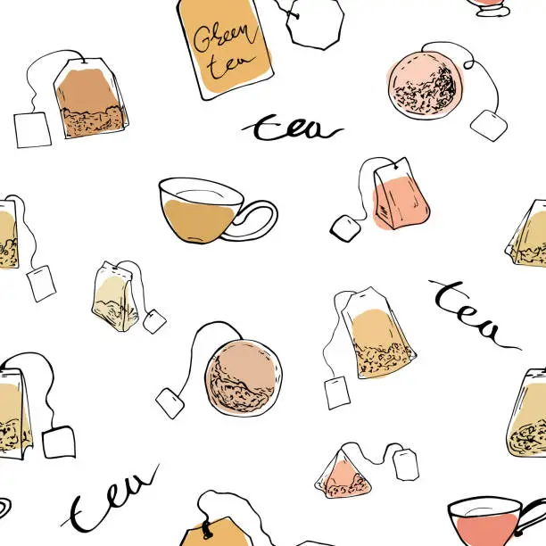 Vector illustration of Tea theme seamless pattern. Hand-drawn ink tea bags and cups on a white background. Vector illustration