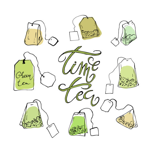 ilustraciones, imágenes clip art, dibujos animados e iconos de stock de un conjunto de bolsas de té y letras - tea crop leaf freshness organic