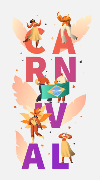 ブラジルのカーニバル パーティー キャラクター ダンサー ポスター タイポグラフィ。ブラジルの休日音楽祭バナーで男性女性ダンスをデザインします。エキゾチックなお祝いフラット漫画� - samba dancing rio de janeiro carnival brazilian点のイラスト素材／クリップアート素材／マンガ素材／アイコン素材