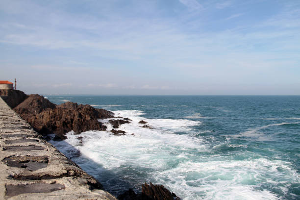 Beautiful coastline with waves and blue sky.